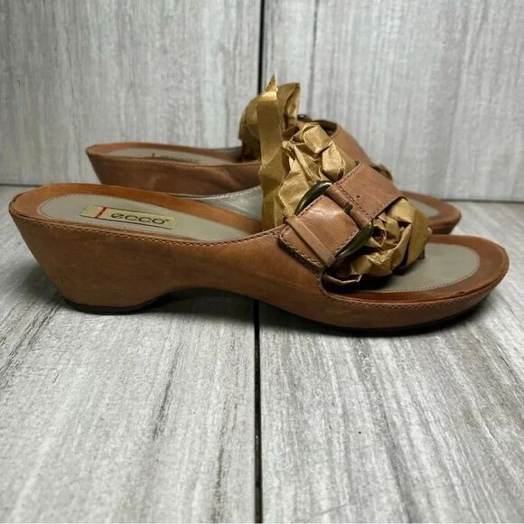 ECCO Brown Leather Slip On Slides Thong Flip Flop Sandals Buckle Women 11 EUR 42 - Picture 2 of 10